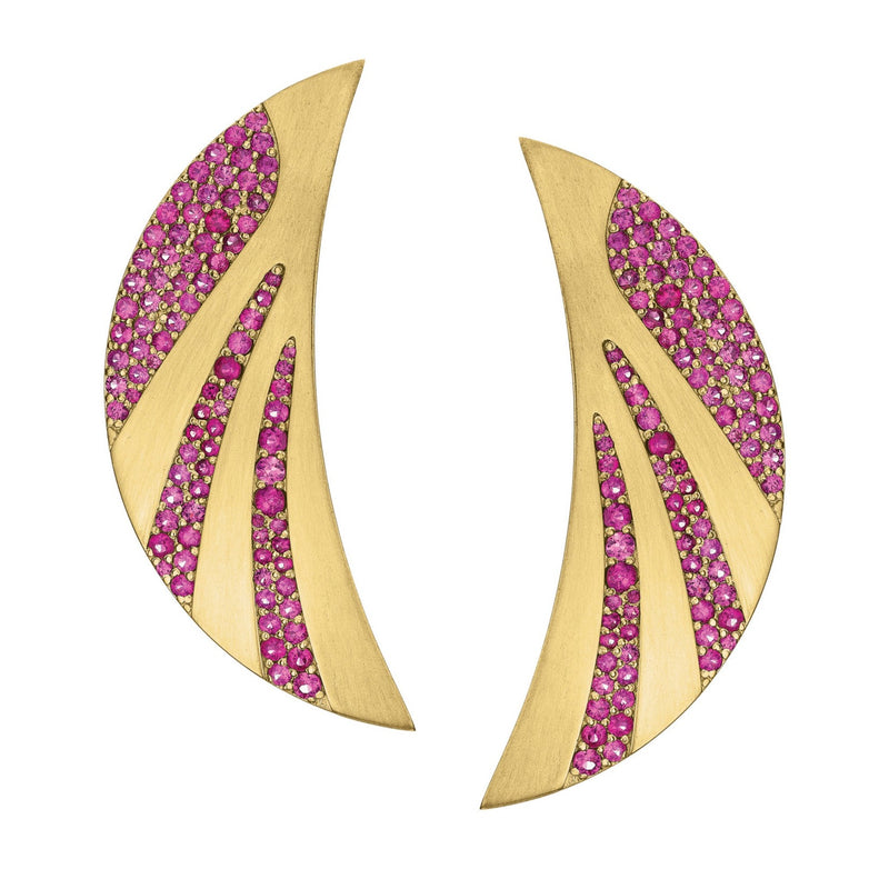 Crescent Moon Earrings - Yellow Gold With Pink Sapphires