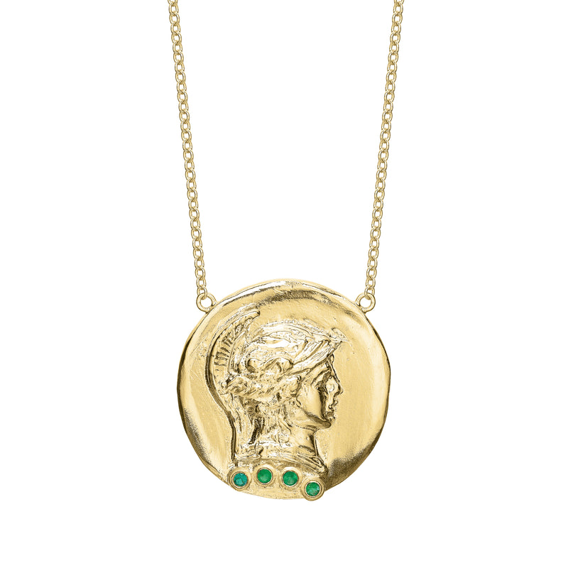 Tracee Nichols The Roman Token necklace 14k yellow gold with emeralds
